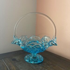 Vintage Indiana Glass Blue Pedestal Dish/Basket with Clear Handle